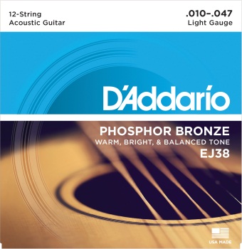 D'Addario EJ38 12-String Phosphor Bronze Acoustic Guitar Strings, Light, 10-47